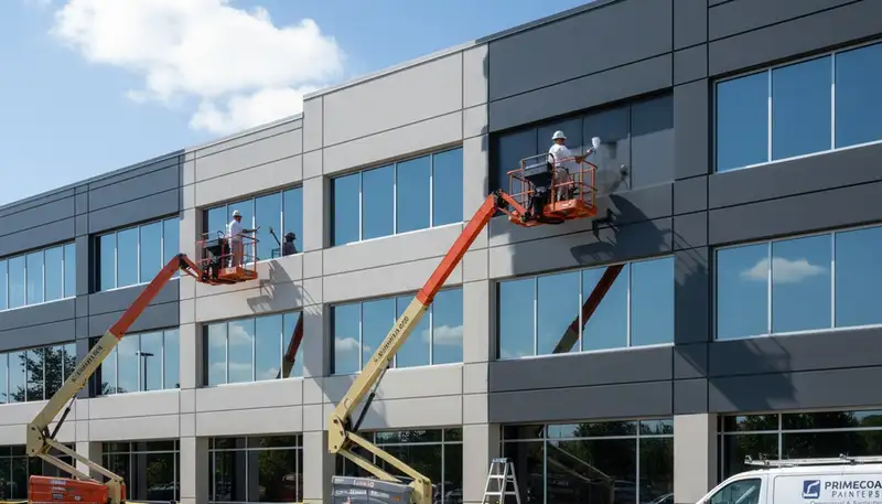 Professional commercial painters applying durable coatings in Kissimmee, FL business building exterior