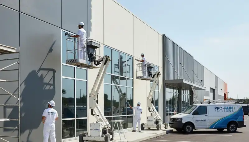 Professional commercial painters coating business exterior in Kissimmee FL for lasting color and protection