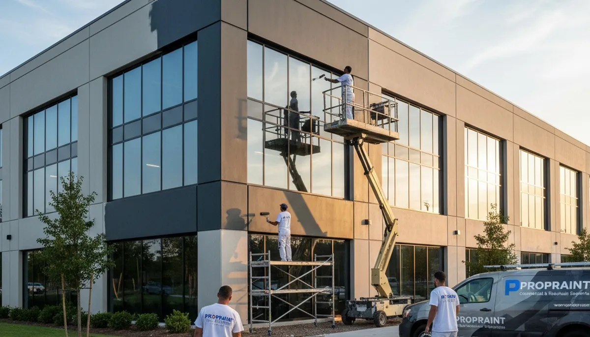 Professional commercial painters finishing office exterior in Kissimmee, FL