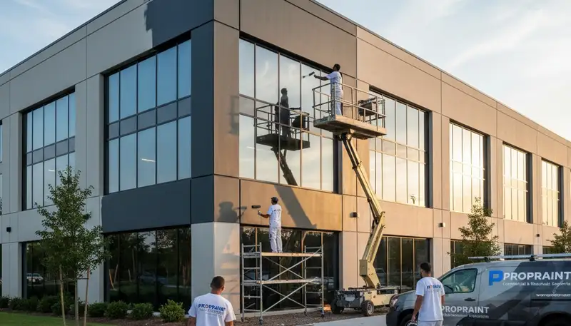 Professional commercial painters finishing office exterior in Kissimmee, FL