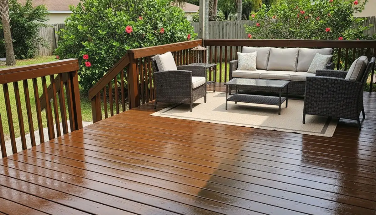 Finished deck staining in Kissimmee, FL showcasing restored wood and expert weather-resistant finish