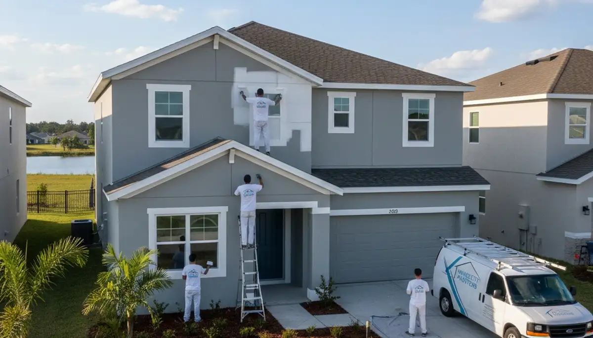 Professional house painters finishing exterior home project in Kissimmee FL