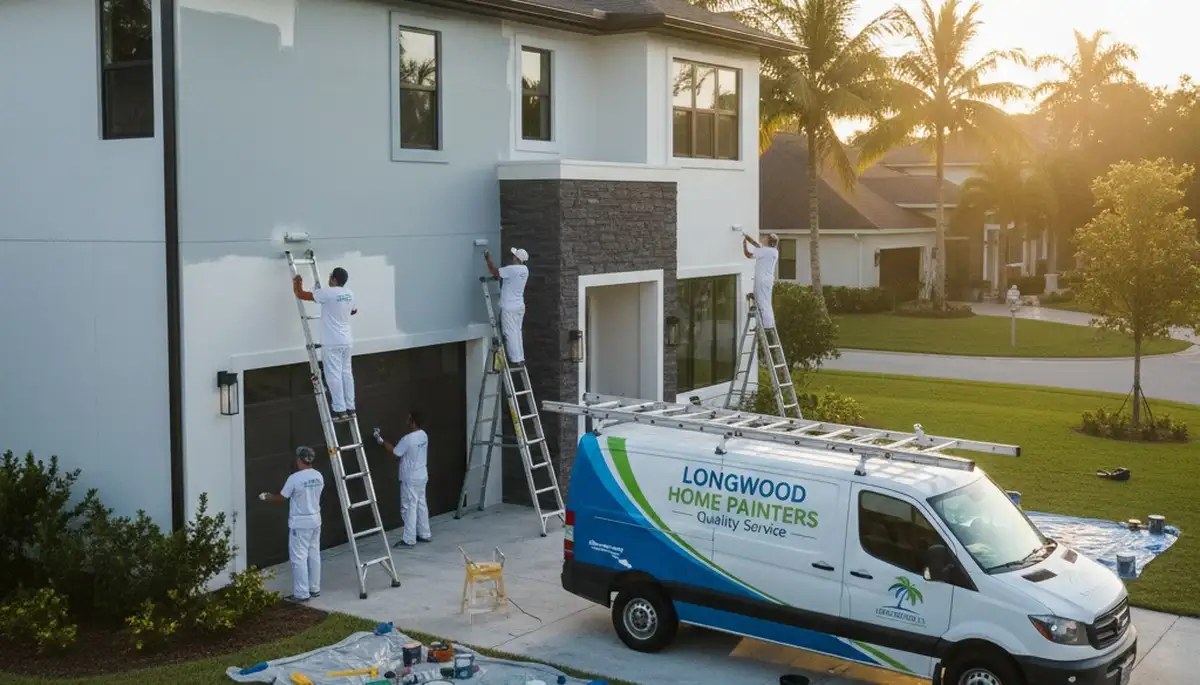 Professional house painters finishing exterior home in Kissimmee FL for paintingkissimmeefl.com