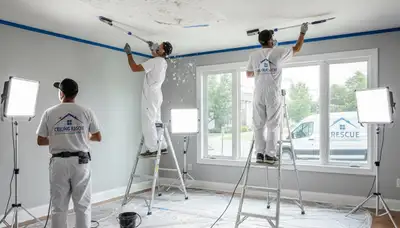 Technician removing popcorn ceiling in Kissimmee FL home during professional ceiling renovation