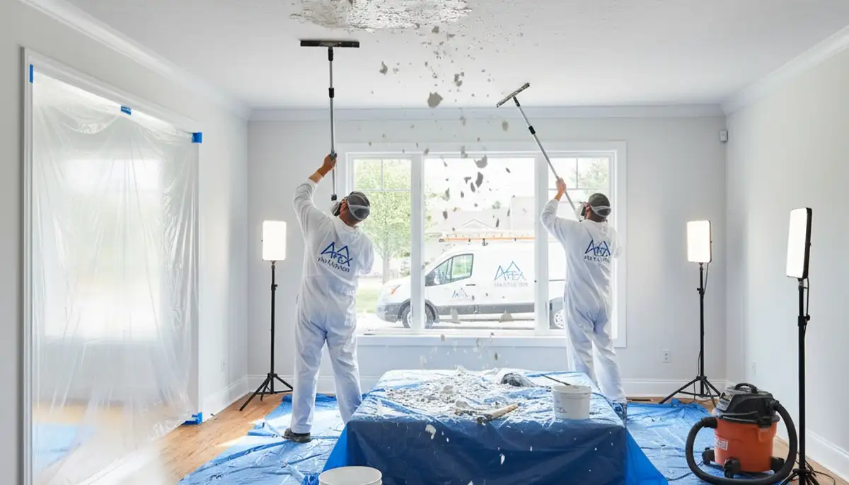Technicians removing popcorn ceiling in Kissimmee FL home for smooth modern ceiling finish