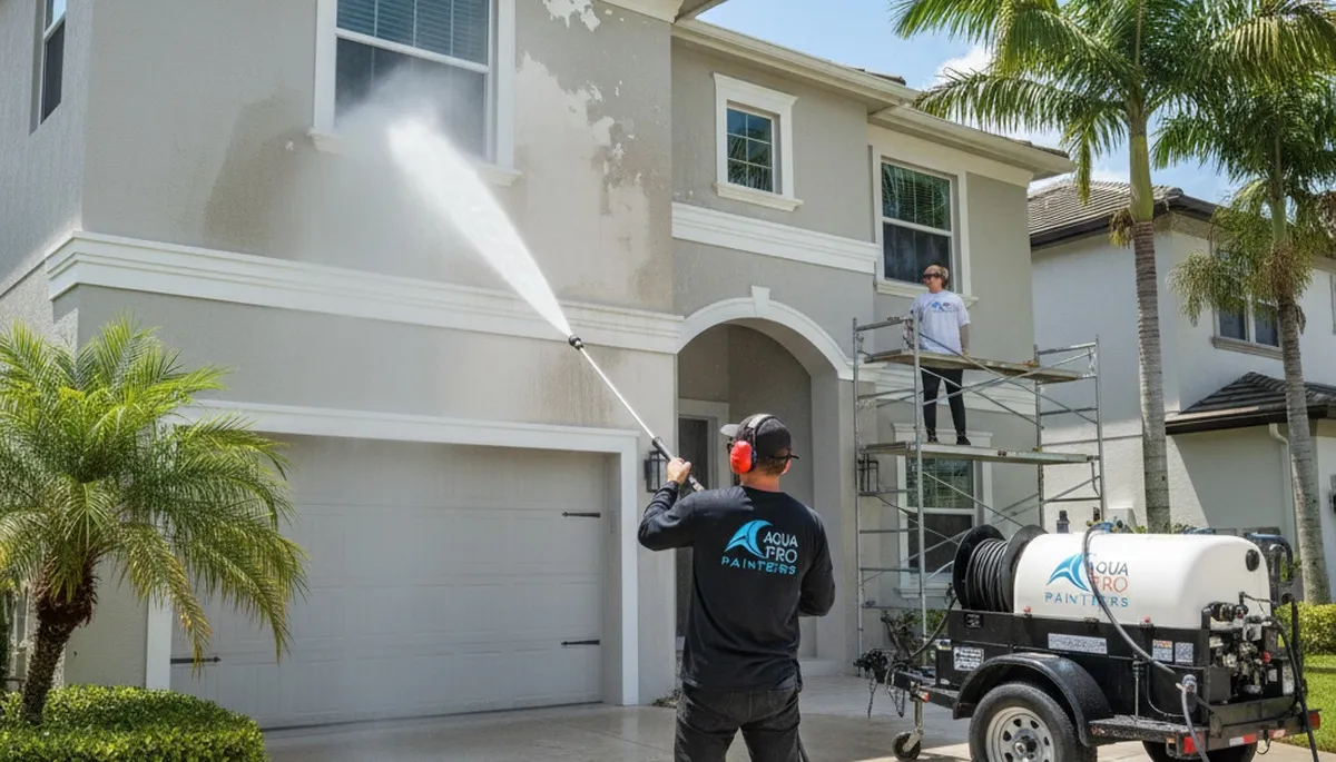 Professional pressure cleaning on Florida home exterior by house painters in Kissimmee, FL