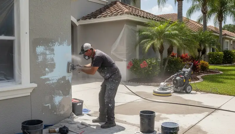 Professional exterior surface preparation for house painting in Kissimmee, FL ensuring lasting paint adhesion