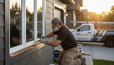Painter repairing exterior wood rot on Kissimmee FL home for expert wood restoration service